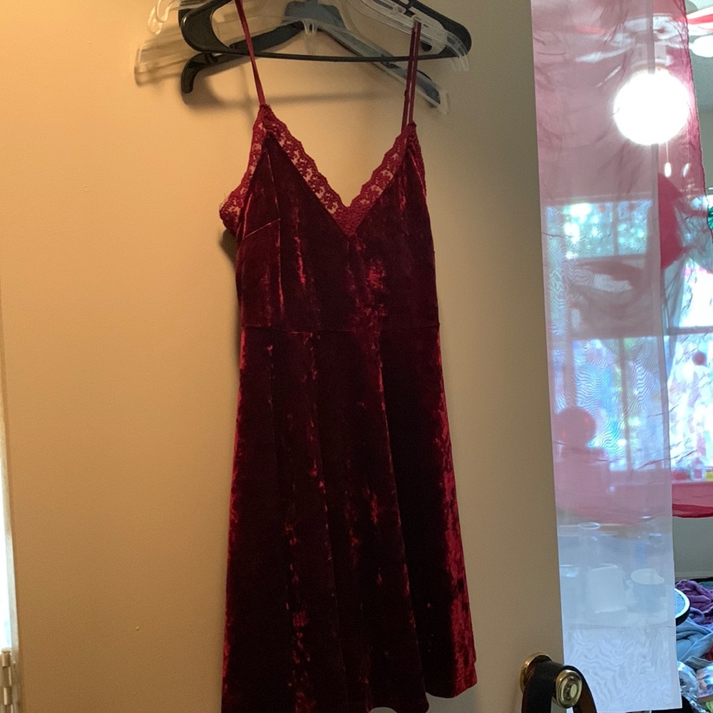 Short Red velvet dress w lace trimming and thin spaghetti straps